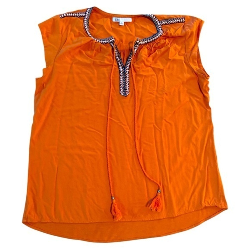 Dr2, size large, Orange Sleeveless Top with Embroidered Neckline, tassels